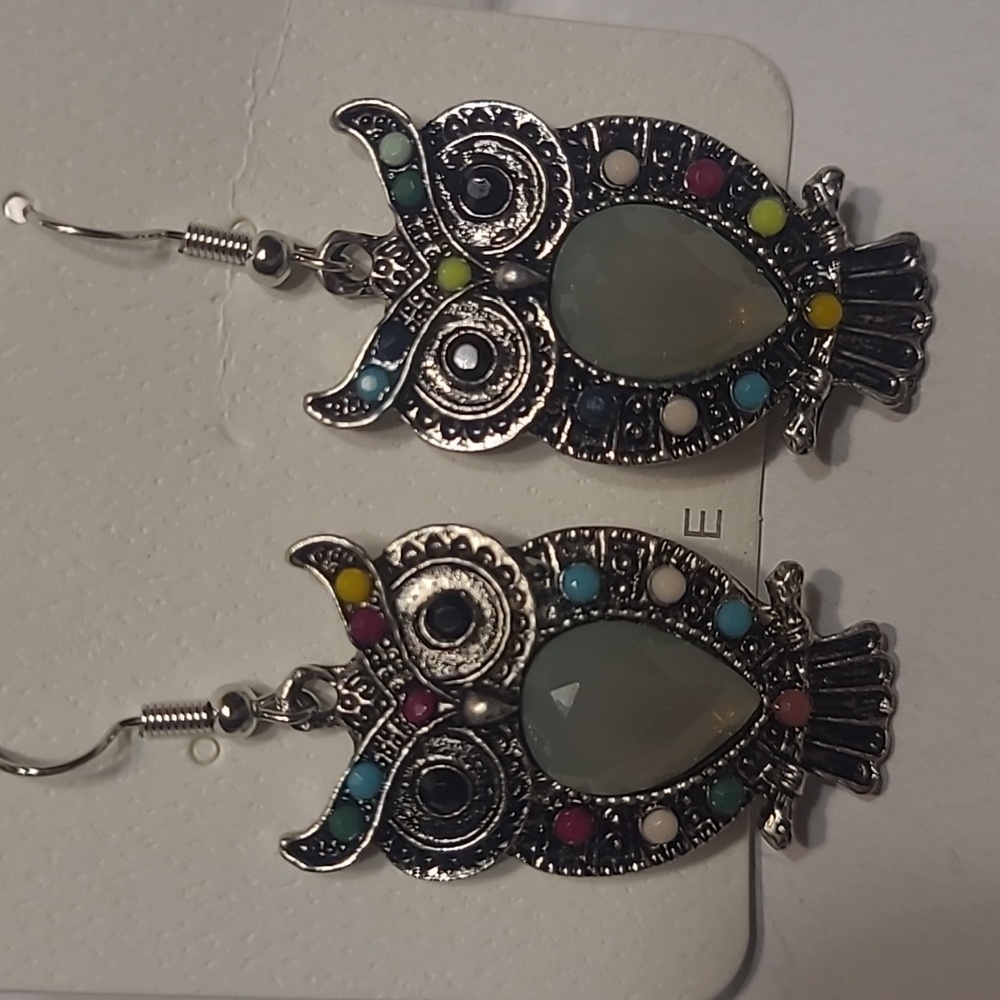 Elegant Silver and  Multicolor Dangle Owl Earrings - Picture 2 of 6